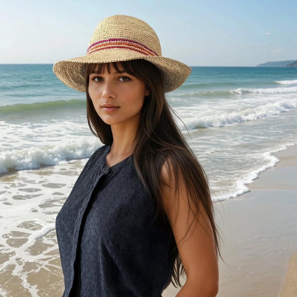 Crocheted natural raffia fedora hat made in Madagascar